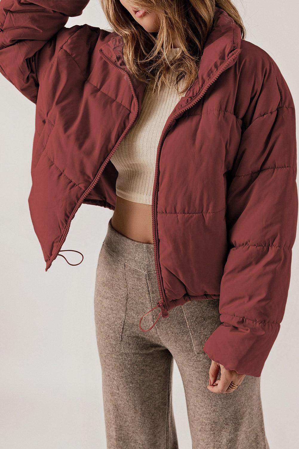 Zip Up Collared Neck Long Sleeve Winter Coat for Women - Selvanelle