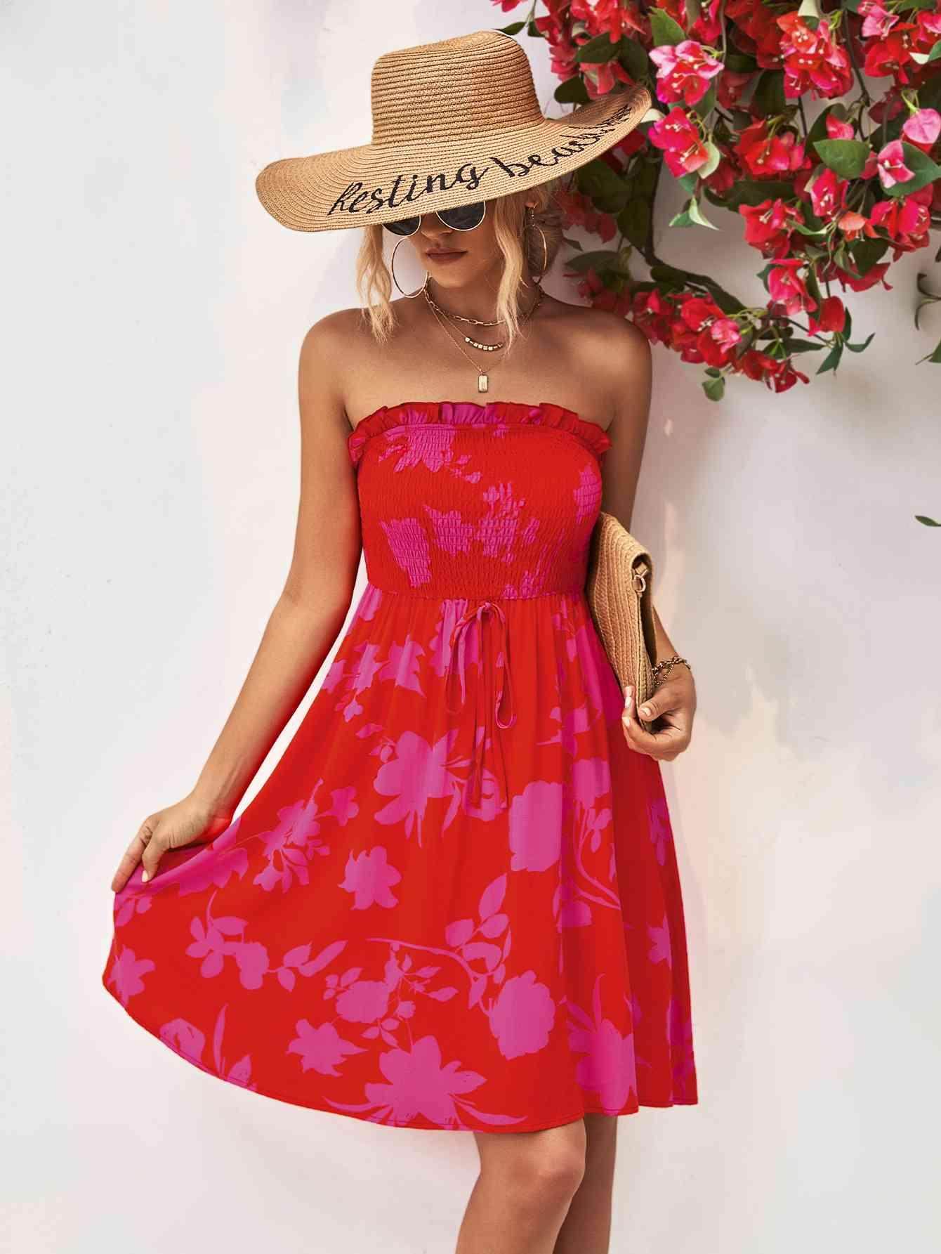 Floral Frill Trim Strapless Smocked Dress for Women - Selvanelle