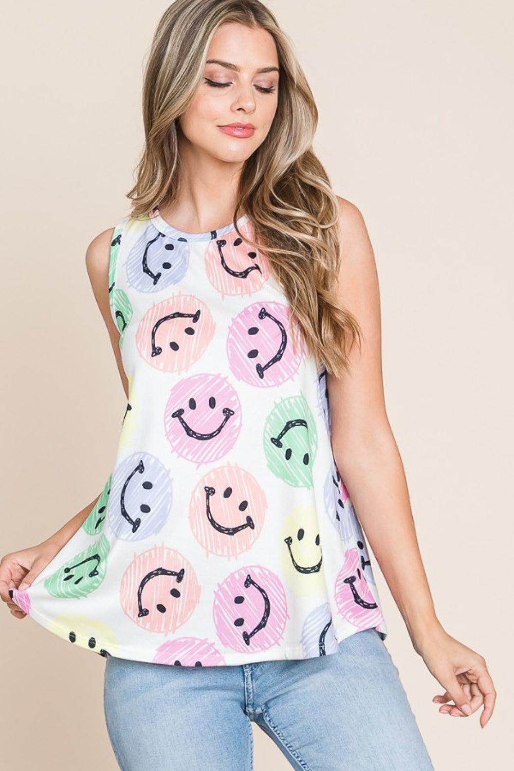BOMBOM Smiley Face Round Neck Tank for Casual Style - Selvanelle