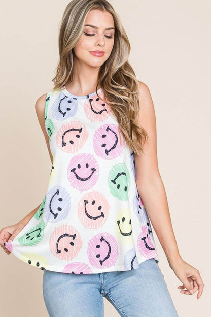 BOMBOM Smiley Face Round Neck Tank for Casual Style - Selvanelle