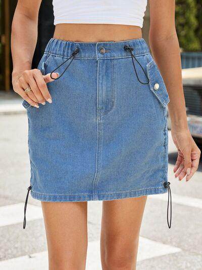 Drawstring Denim Skirt with Pockets for Women Casual Wear - Selvanelle
