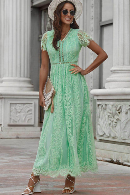 Scalloped Trim Lace Plunge Dress for Elegant Occasions - Selvanelle