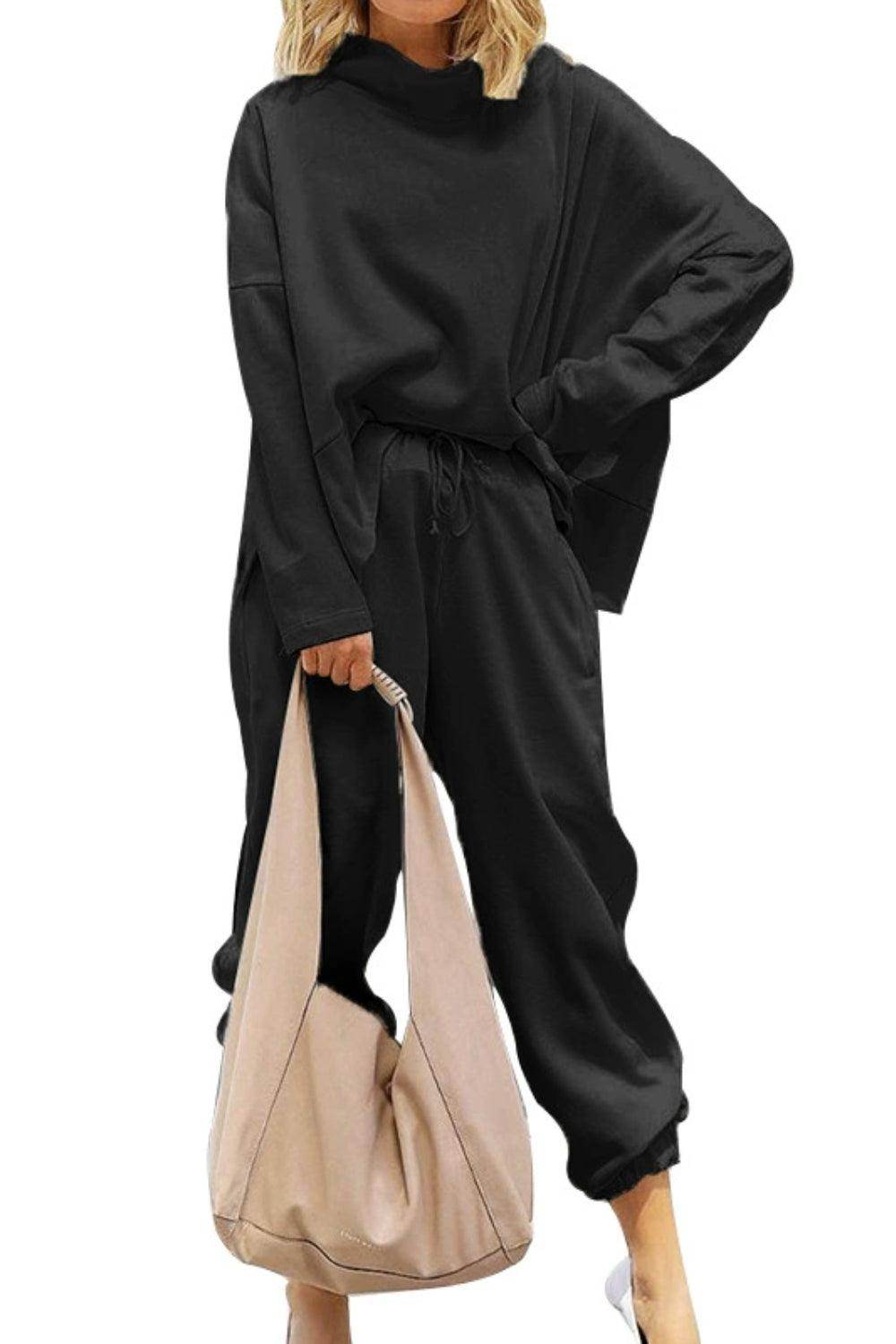 Mock Neck Drop Shoulder Top and Pants Set for Women - Selvanelle