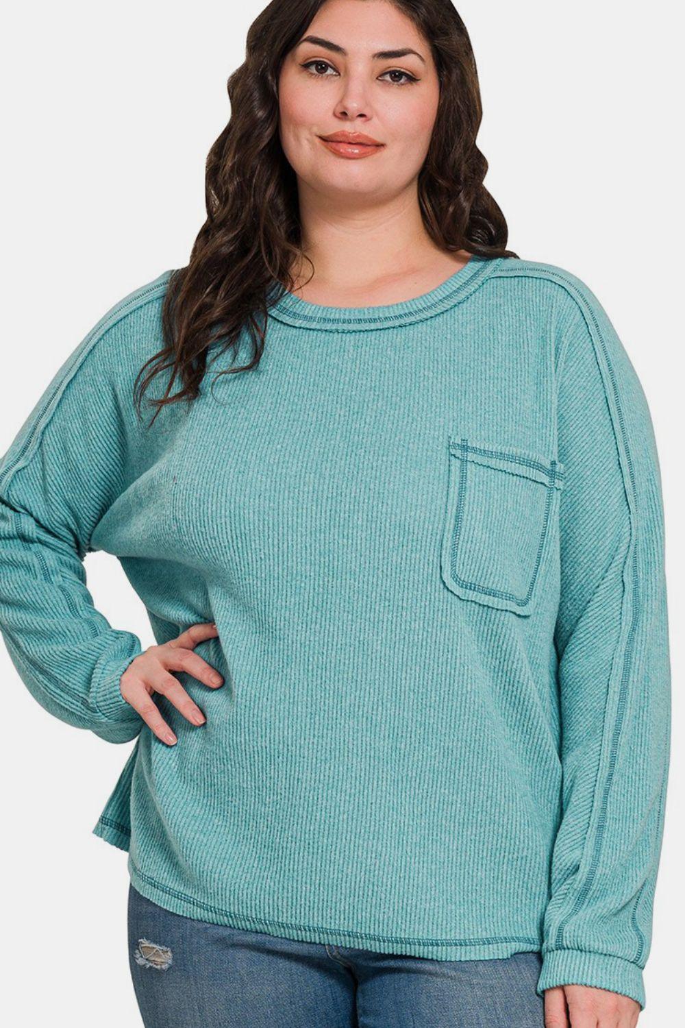 Zenana Full Size Contrast Stitching Brushed Ribbed Hacci Knit Top Plus Size