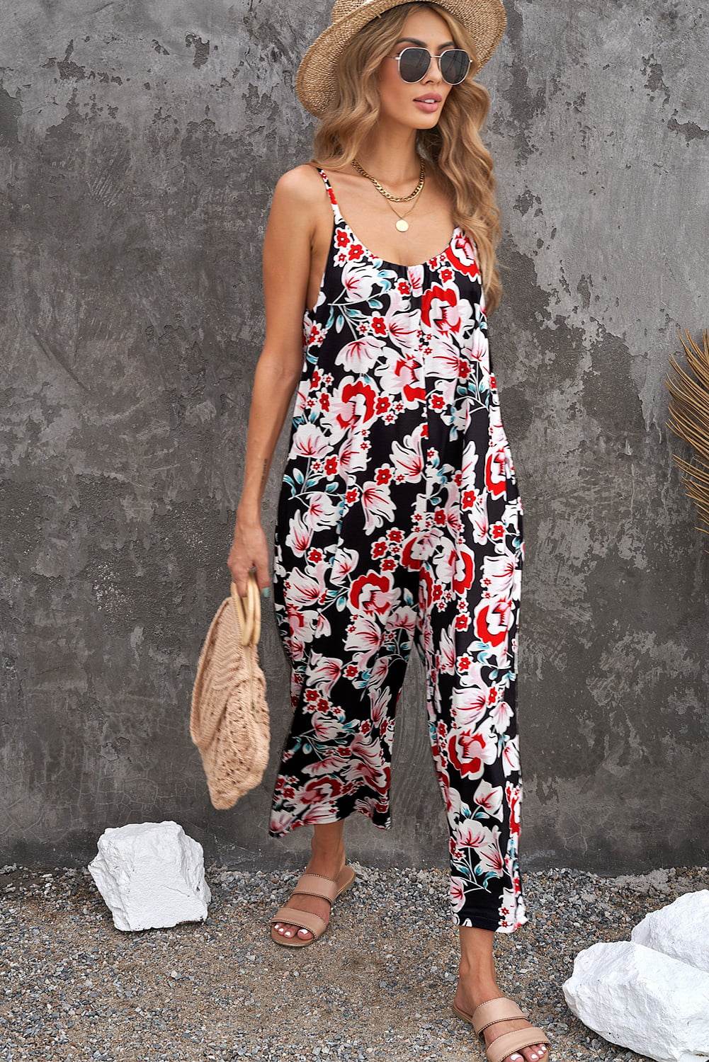Botanical Print Spaghetti Strap Cropped Jumpsuit - Selvanelle
