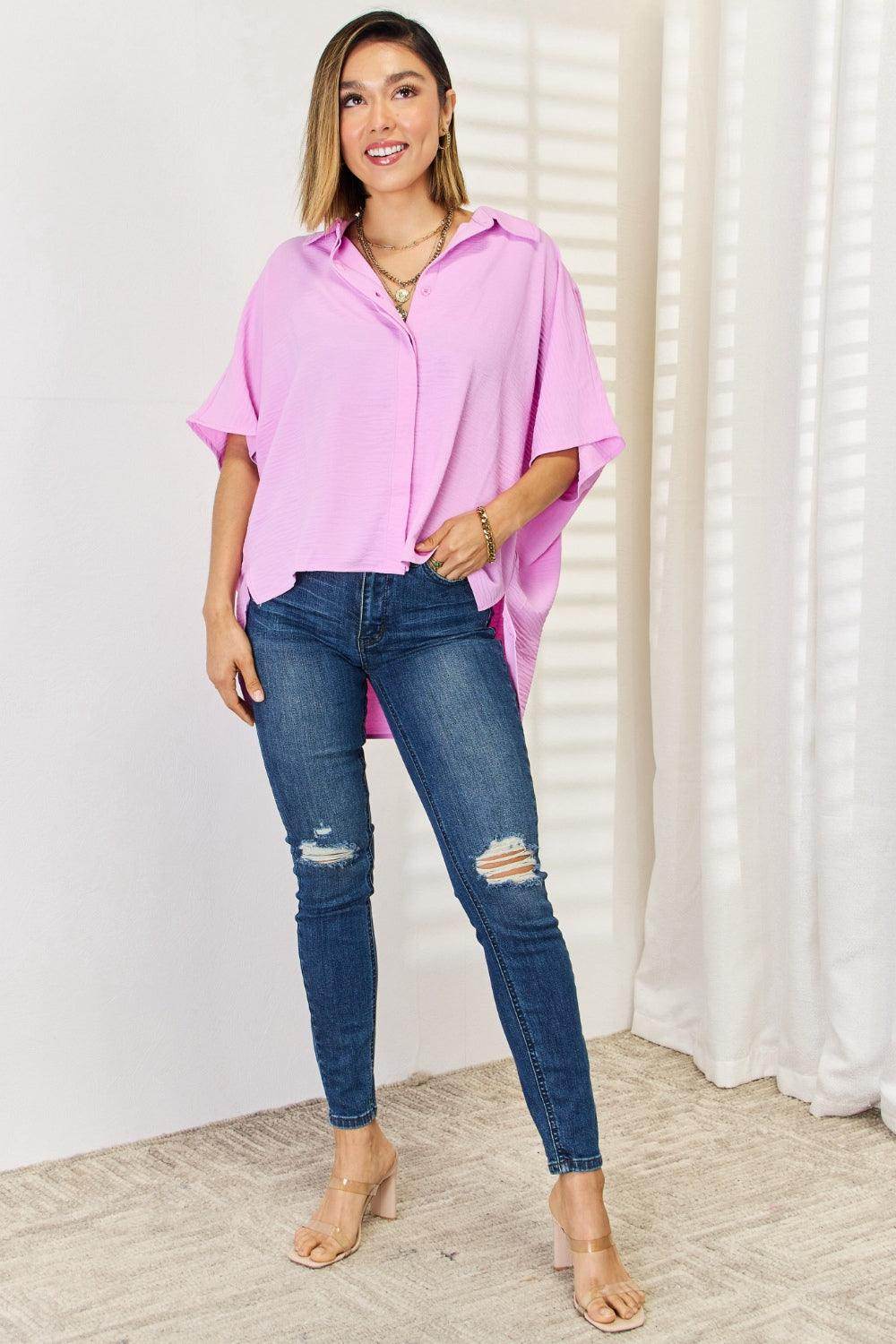 Zenana Texture Button Up Short Sleeve High-Low Shirt Online - Selvanelle