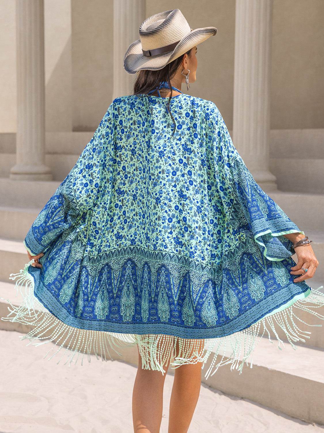 Fringe Printed Open Front Cover-Up - Selvanelle