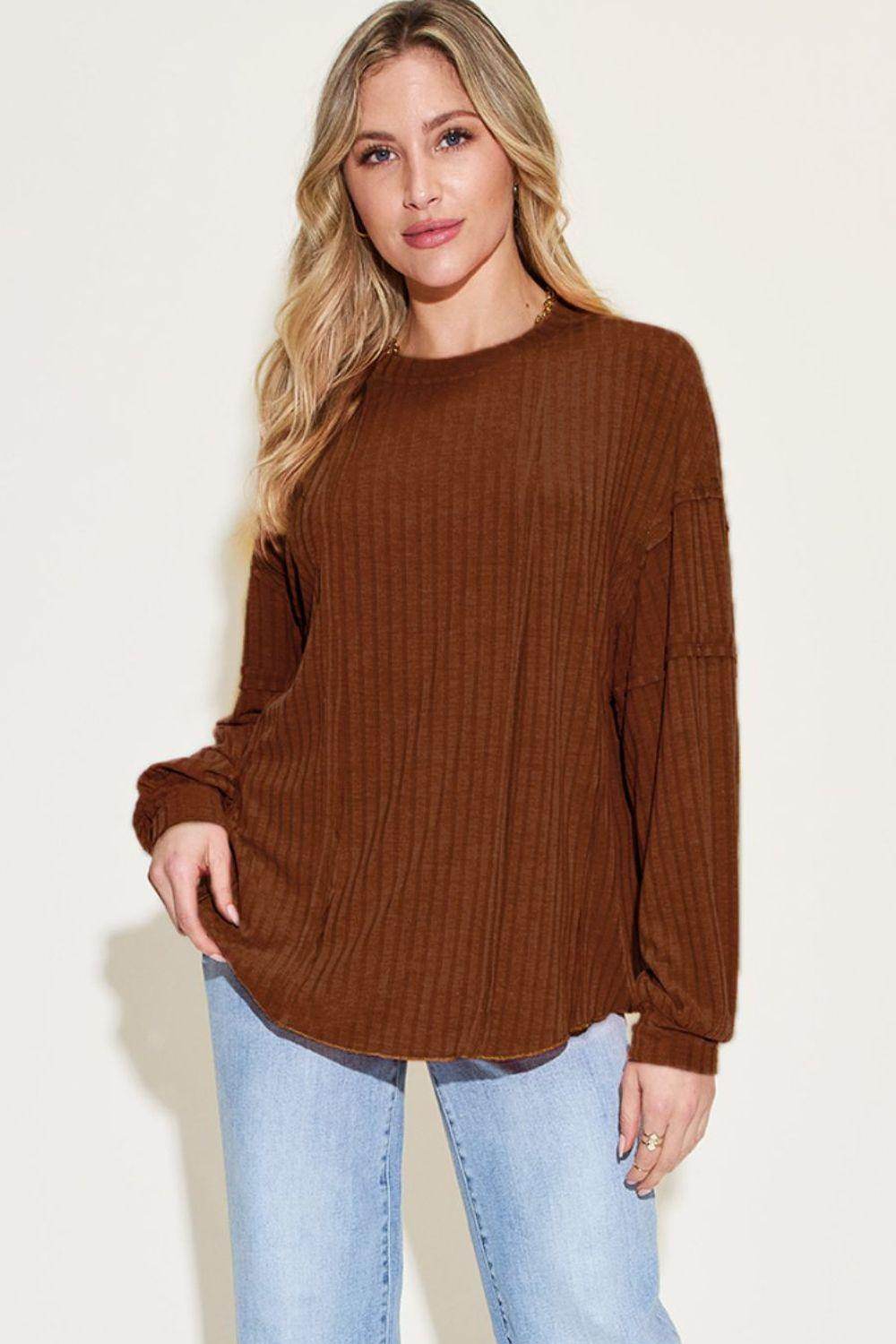 Basic Bae Full Size Ribbed Round Neck Long Sleeve T-Shirt - Selvanelle