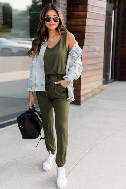 Drawstring Round Neck Sleeveless Jumpsuit for Women - Selvanelle