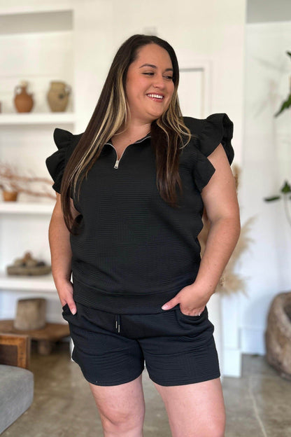 Double Take Full Size Texture Flounce Sleeve Top and Shorts Set - Selvanelle