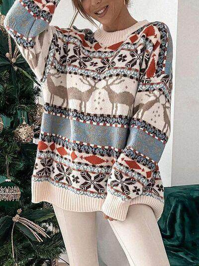 Geometric Round Neck Dropped Shoulder Sweater for Women - Selvanelle