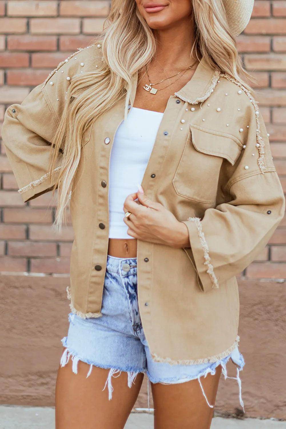 Raw Hem Pearl Trim Dropped Shoulder Denim Jacket for Women - Selvanelle