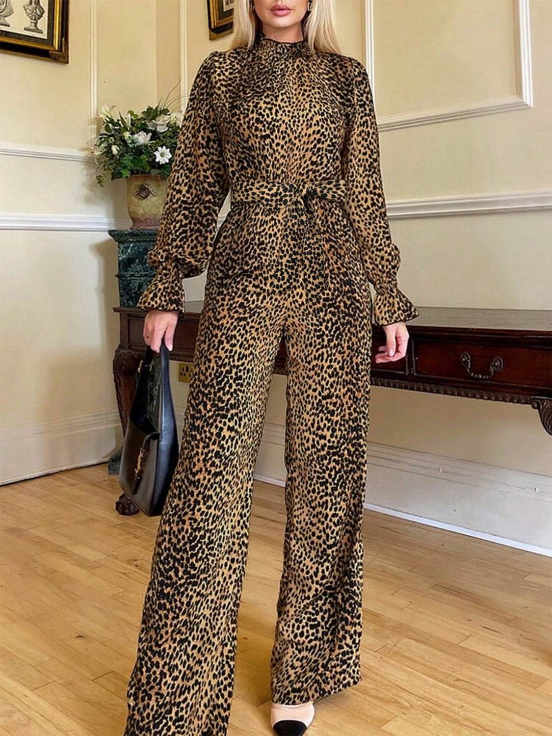 Leopard Flounce Sleeve Wide Leg Jumpsuit - Selvanelle