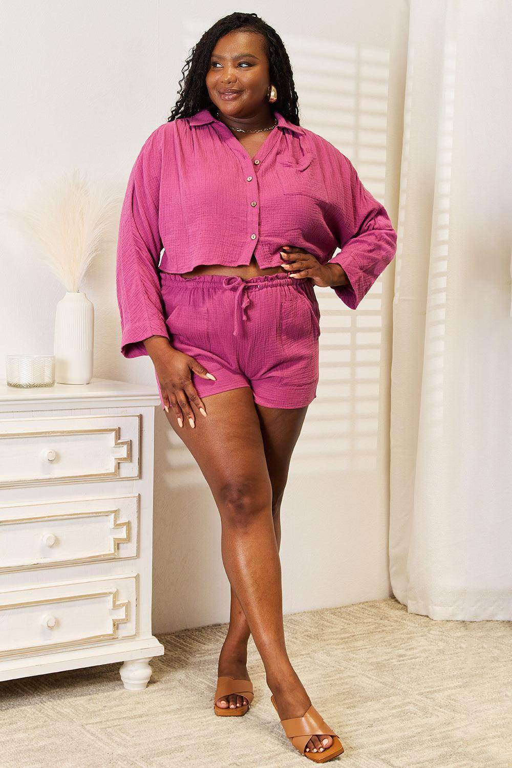 Basic Bae Buttoned Long Sleeve Top and Shorts Set for Summer - Selvanelle