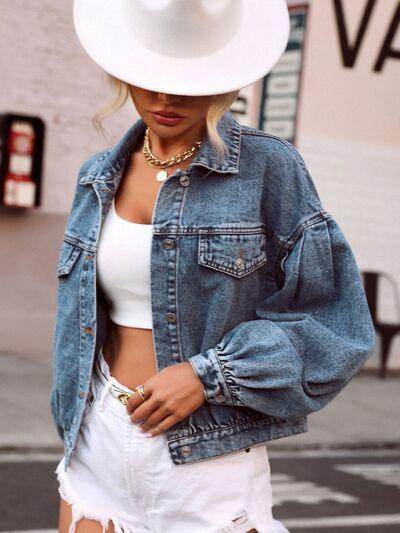 Collared Neck Dropped Shoulder Denim Top for Women - Selvanelle