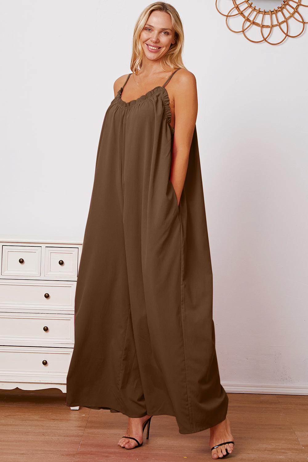 Double Take Full Size Ruffle Trim Tie Back Cami Jumpsuit - Selvanelle