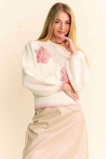 Davi & Dani Flower Patch Fuzzy Mock Neck Sweater Cozy - Selvanelle