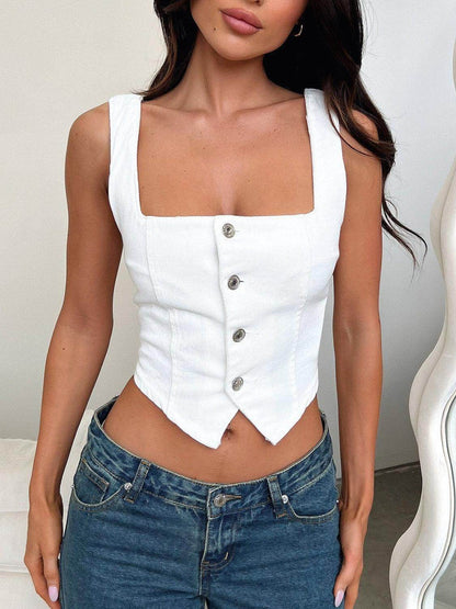 Smocked Square Neck Denim Top for Casual Stylish Wear - Selvanelle