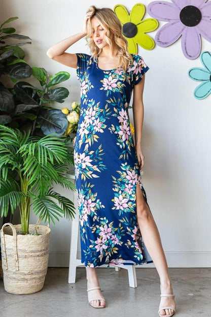 Heimish Full Size Floral Short Sleeve Slit Dress for Women - Selvanelle