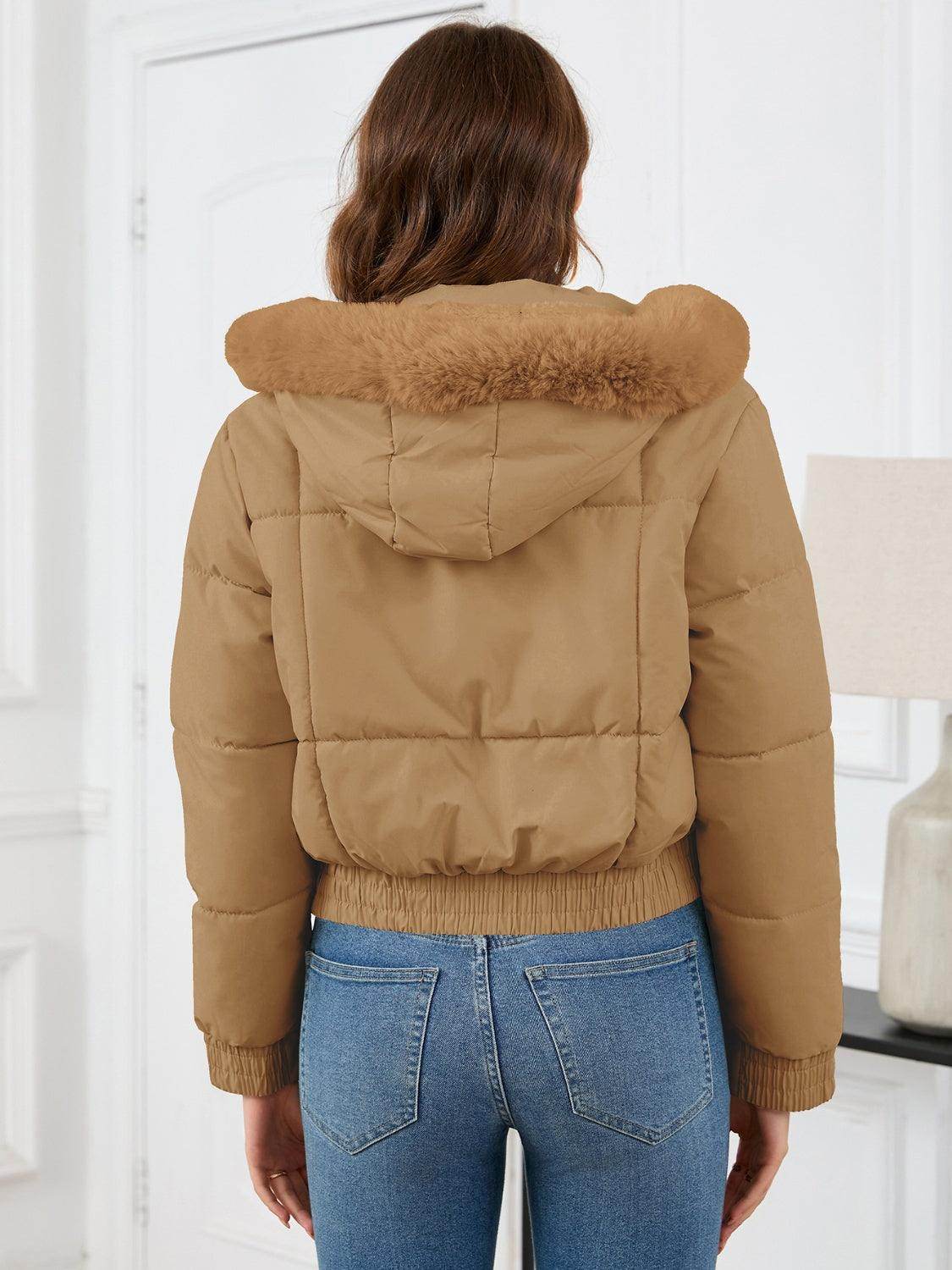 Pocketed Long Sleeve Cropped Hooded Winter Coat for Women - Selvanelle
