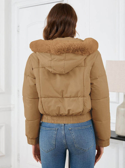 Pocketed Long Sleeve Cropped Hooded Winter Coat for Women - Selvanelle