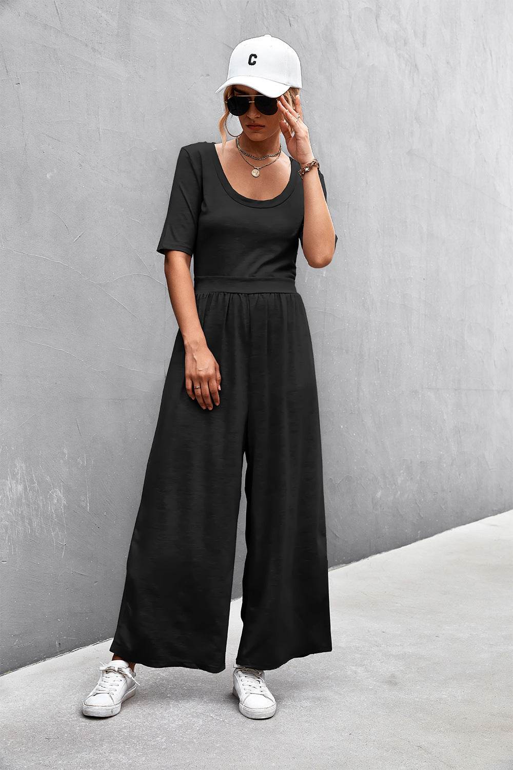 Scoop Neck Half Sleeve Wide Leg Jumpsuit - Selvanelle