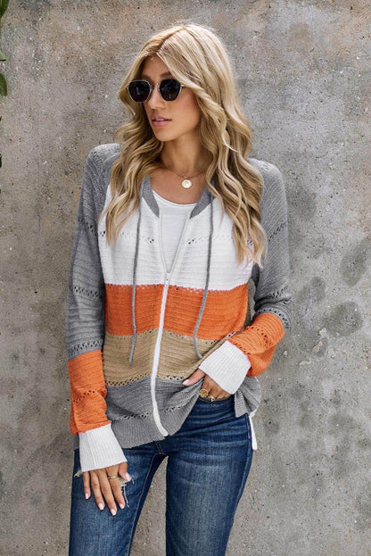 Zip-Up Raglan Sleeve Openwork Hooded Cardigan for Women - Selvanelle