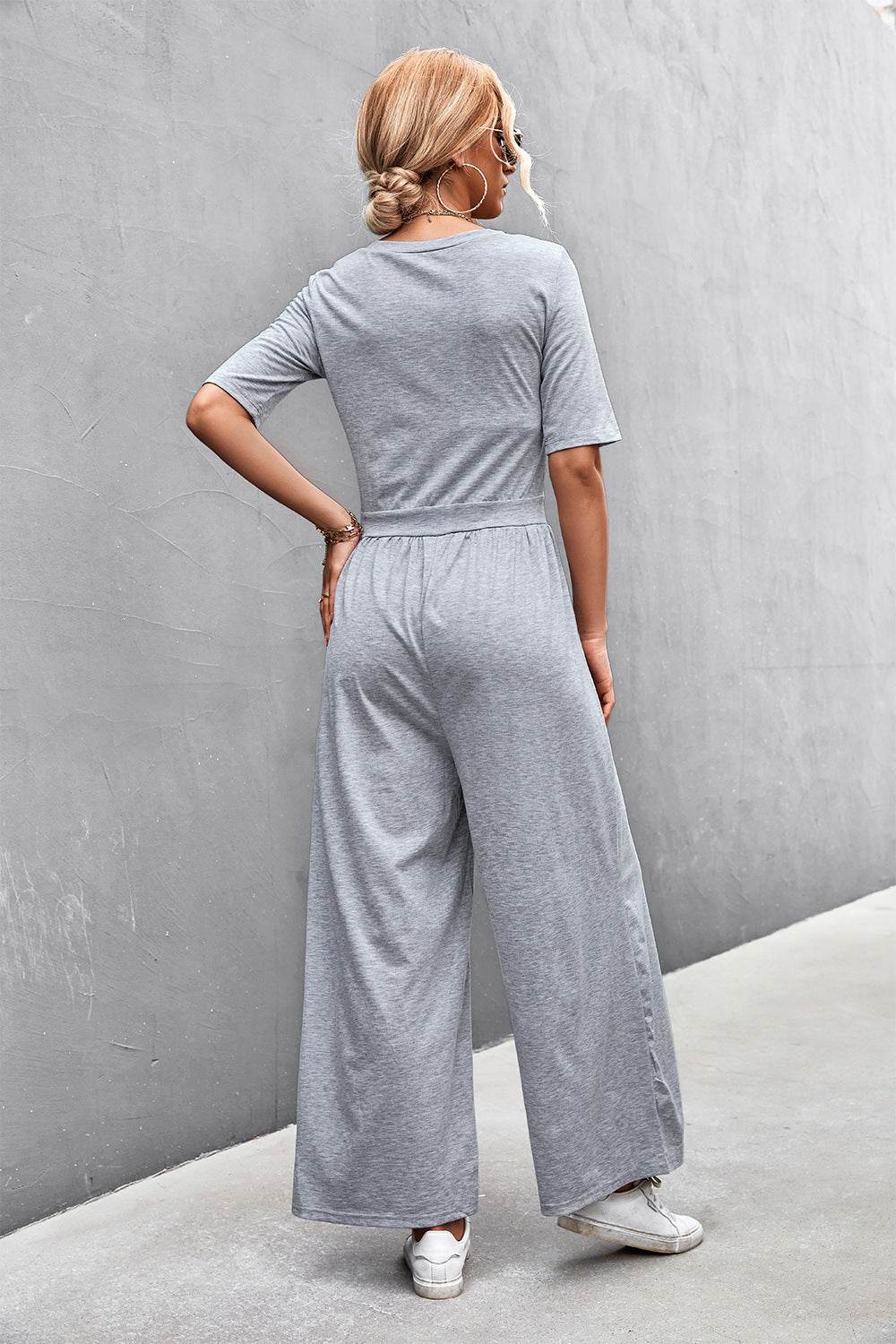Scoop Neck Half Sleeve Wide Leg Jumpsuit - Selvanelle