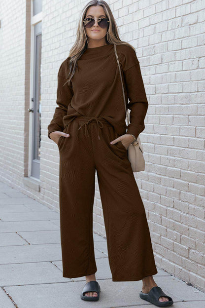 Double Take Full Size Textured Long Sleeve Top and Drawstring Pants Set for Women - Selvanelle