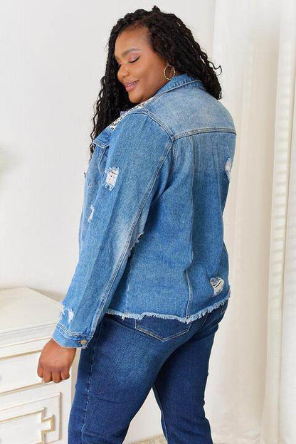 Baeful Leopard Floral Distressed Raw Hem Denim Jacket Women - Selvanelle