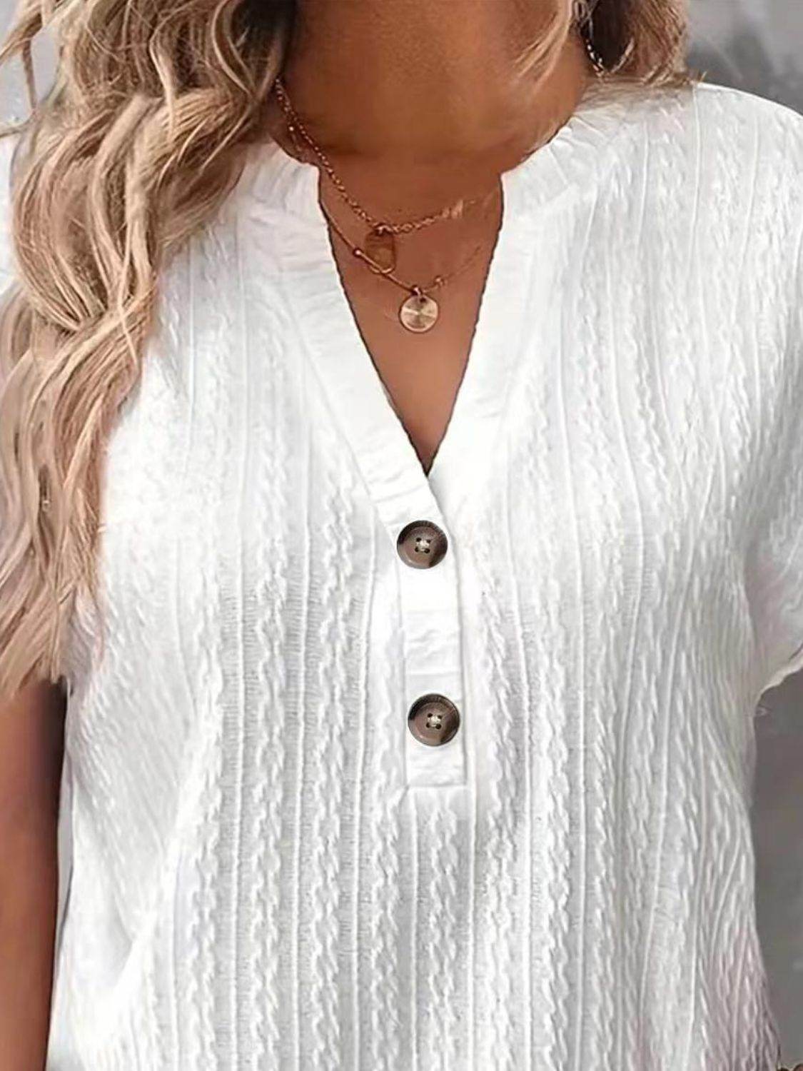Textured Notched Short Sleeve Top - Selvanelle