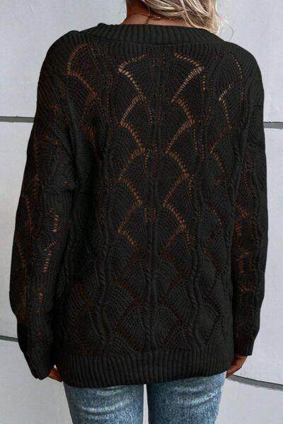 Openwork V-Neck Long Sleeve Sweater for Women Fashion - Selvanelle
