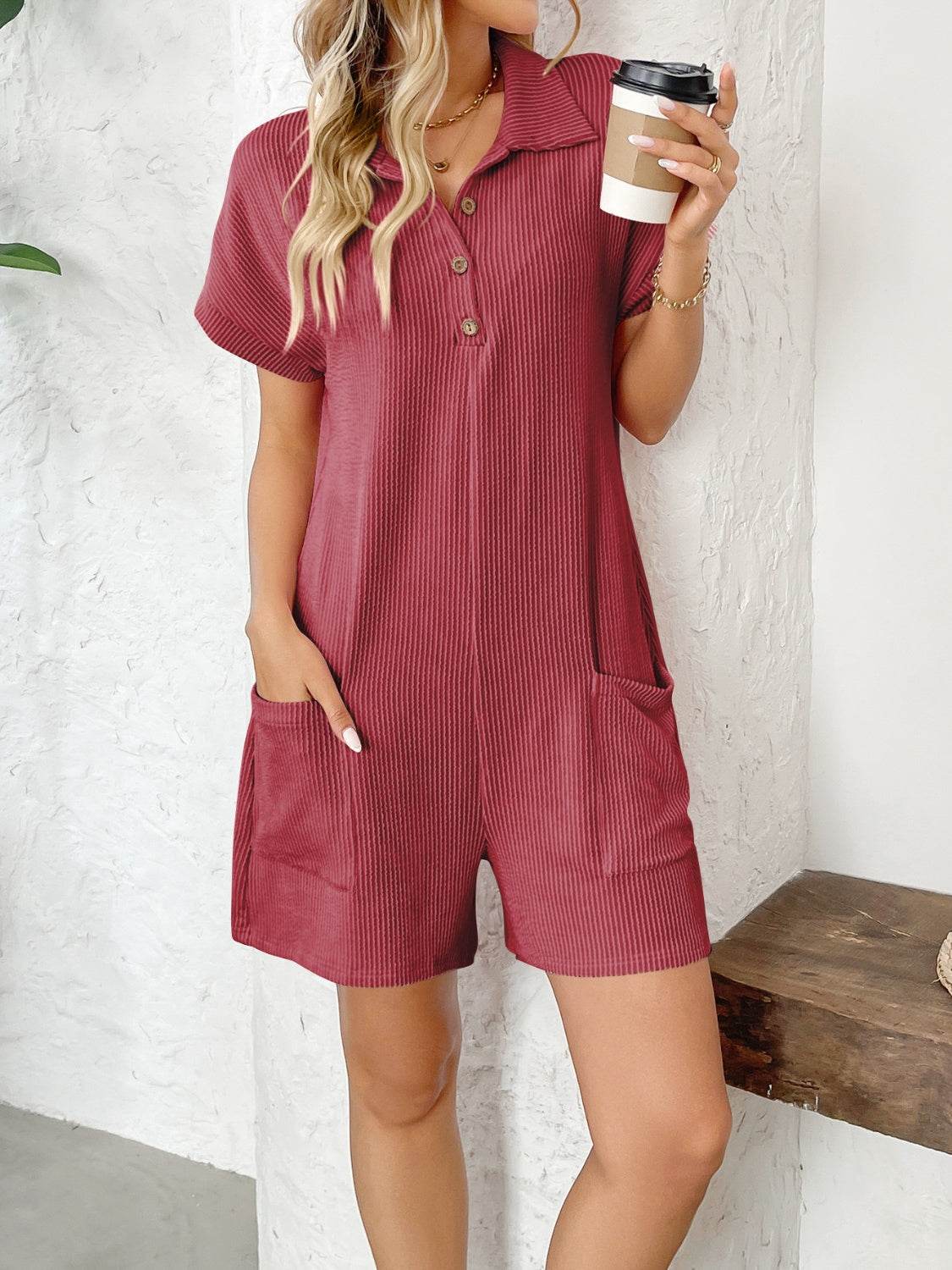 Button Detail Collared Neck Short Sleeve Romper - Selvanelle