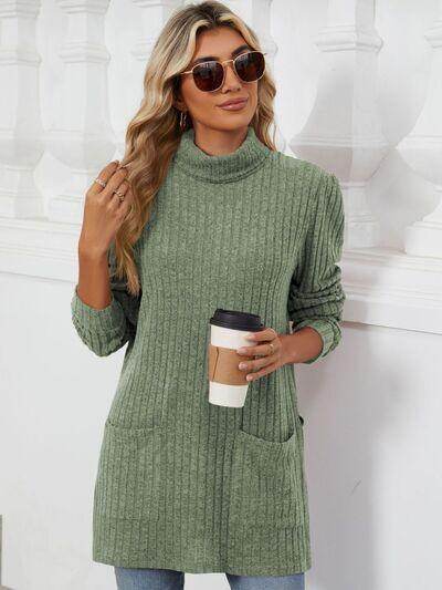 Slit Mock Neck Long Sleeve T-Shirt for Women with Pocket - Selvanelle