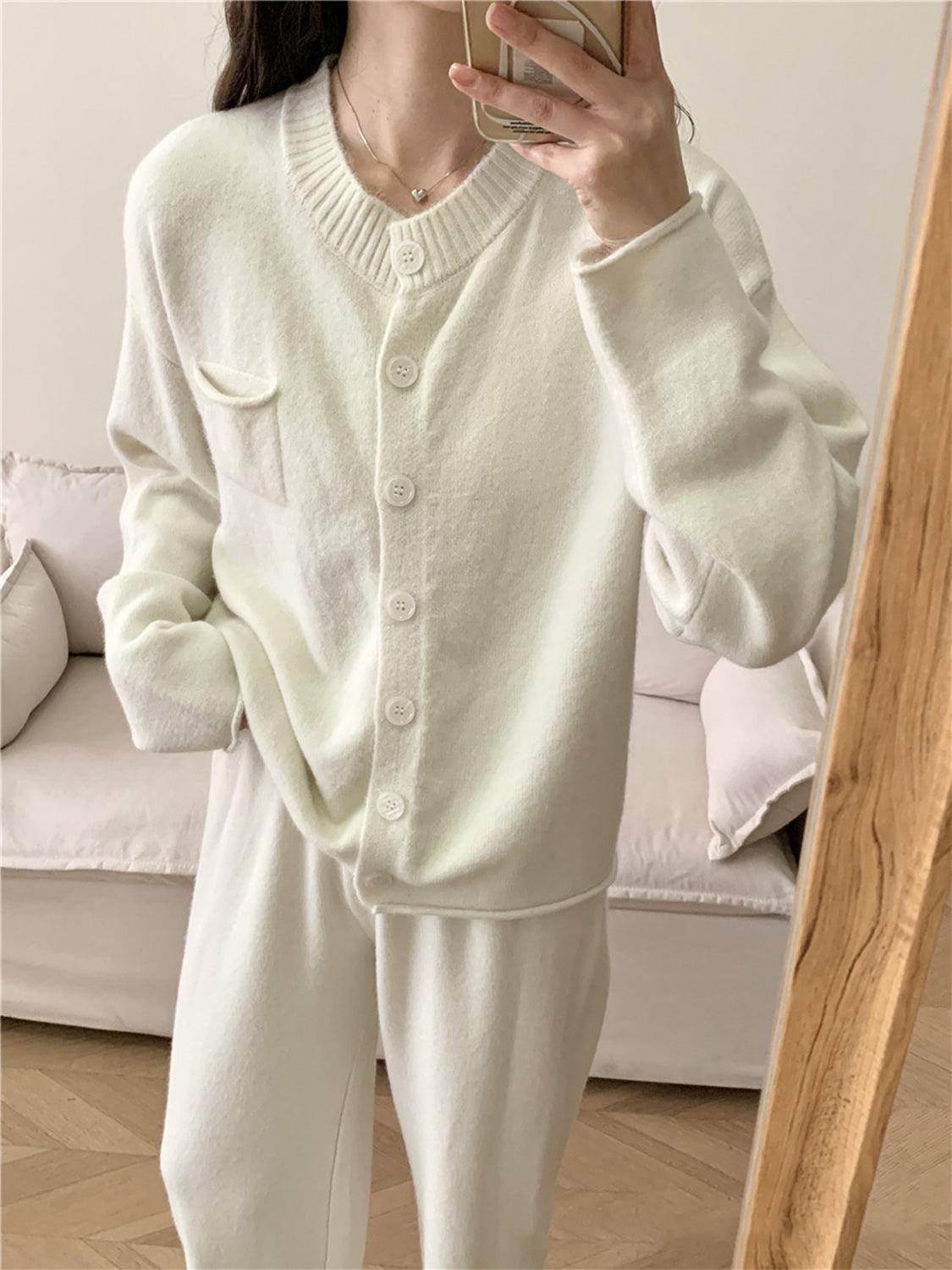 Pocketed Round Neck Button Up Cardigan and Pants Sweater Set - Selvanelle