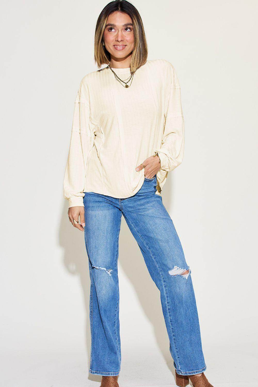 Basic Bae Full Size Ribbed Round Neck Long Sleeve T-Shirt - Selvanelle