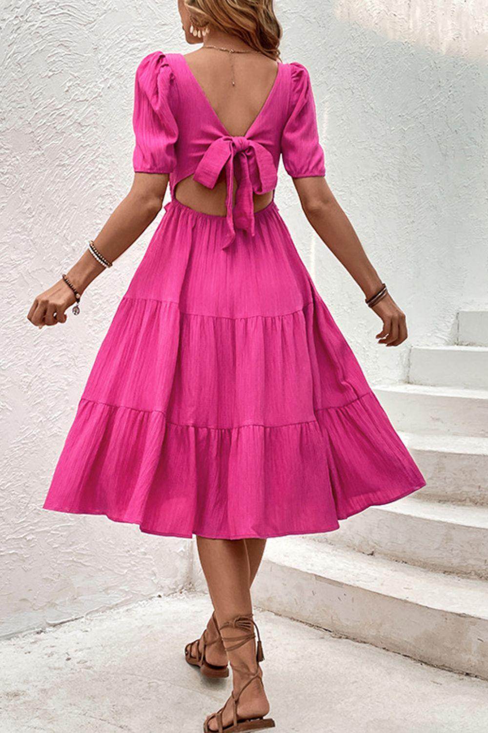 Perfee Square Neck Puff Sleeve Cutout Dress for Women - Selvanelle