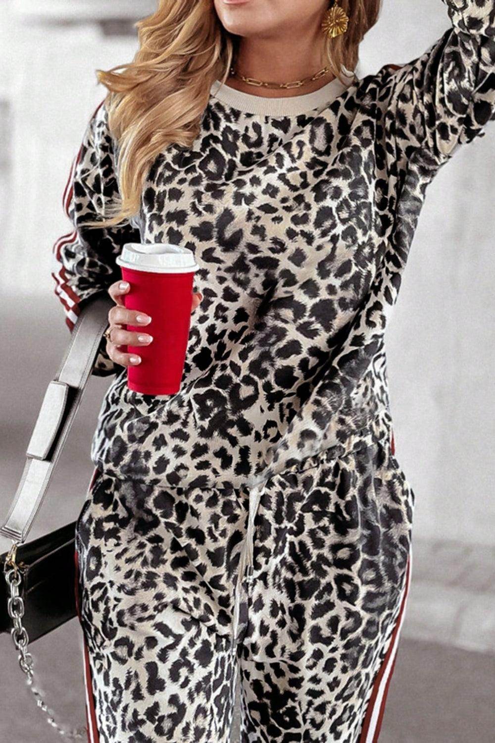Plus Size Leopard Round Neck Top and Pants Set for Women - Selvanelle
