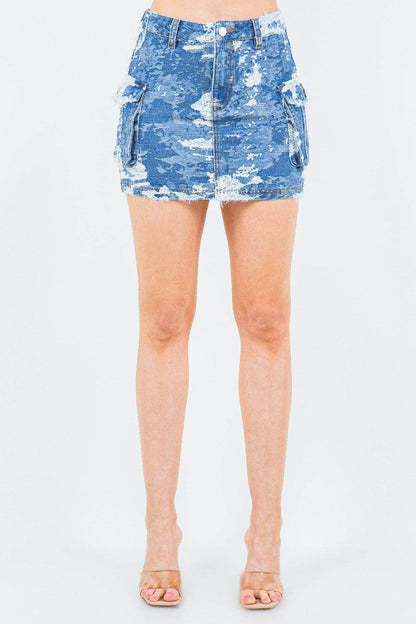 American Bazi Jacquard Trim Cargo Mini Denim Skirt Fashion - Selvanelle