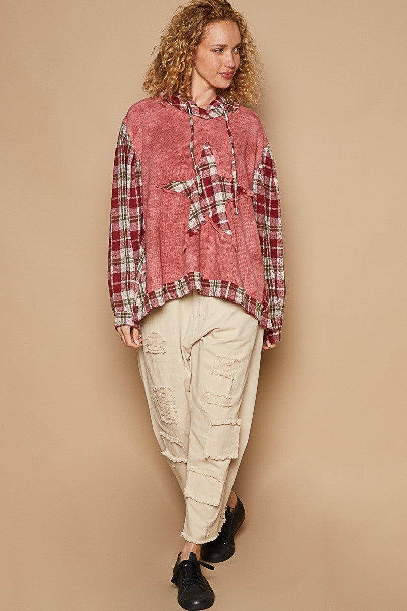 POL Star Patch Plaid Long Sleeve Hooded Top for Women - Selvanelle