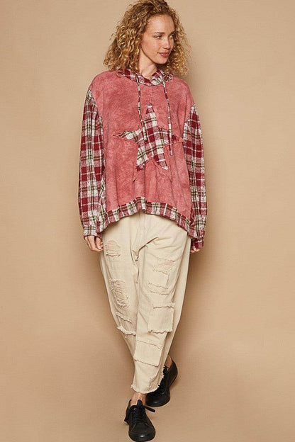 POL Star Patch Plaid Long Sleeve Hooded Top for Women - Selvanelle