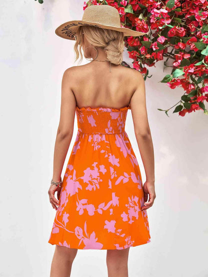 Floral Frill Trim Strapless Smocked Dress for Women - Selvanelle