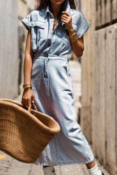Slit Pocketed Half Button Denim Dress for Casual Style - Selvanelle