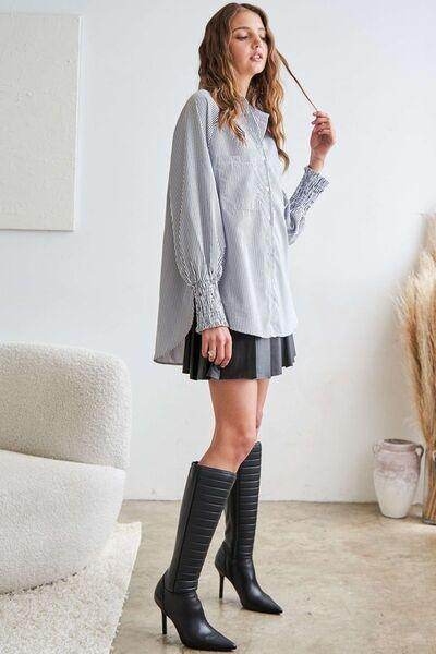 ADORA High-Low Striped Button Down Smocked Lantern Sleeve Shirt - Selvanelle