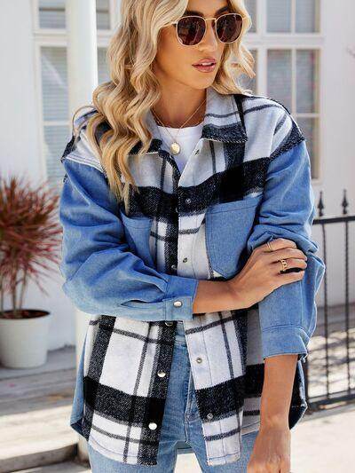 Pocketed Plaid Snap Down Denim Jacket for Stylish Wear - Selvanelle