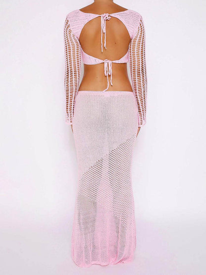 Tied Long Sleeve Top and Skirt Cover Up Set - Selvanelle