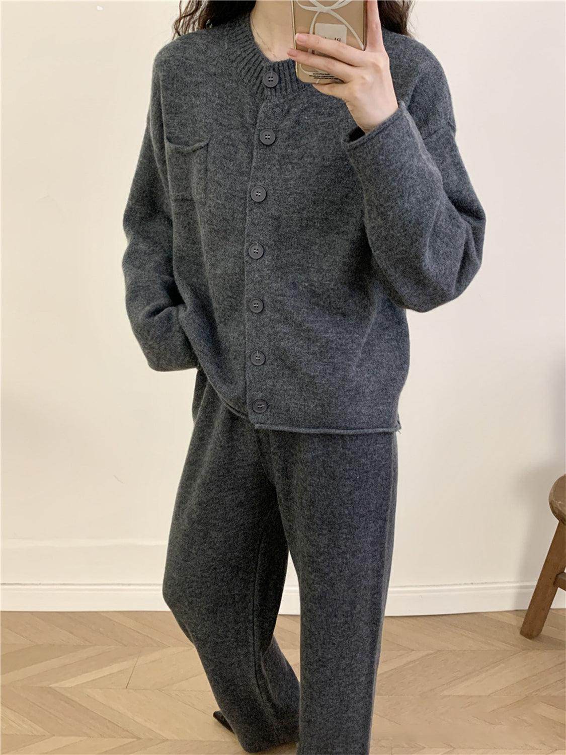 Pocketed Round Neck Button Up Cardigan and Pants Sweater Set - Selvanelle