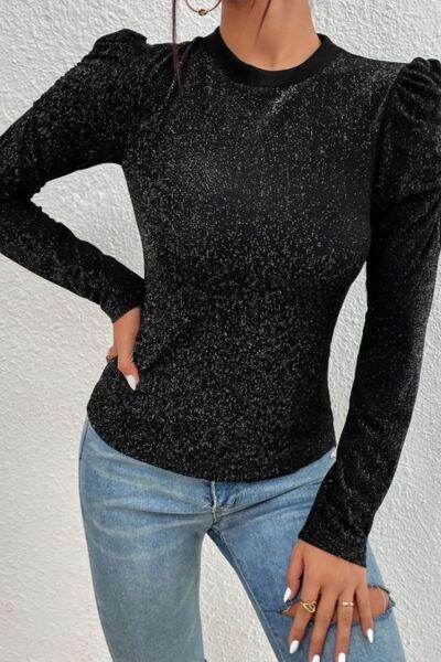 Metallic Round Neck Puff Sleeve Blouse for Stylish Elegance - Selvanelle