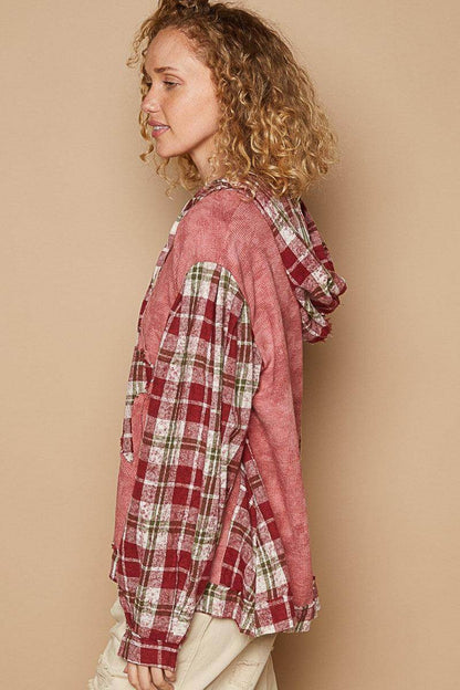 POL Star Patch Plaid Long Sleeve Hooded Top for Women - Selvanelle