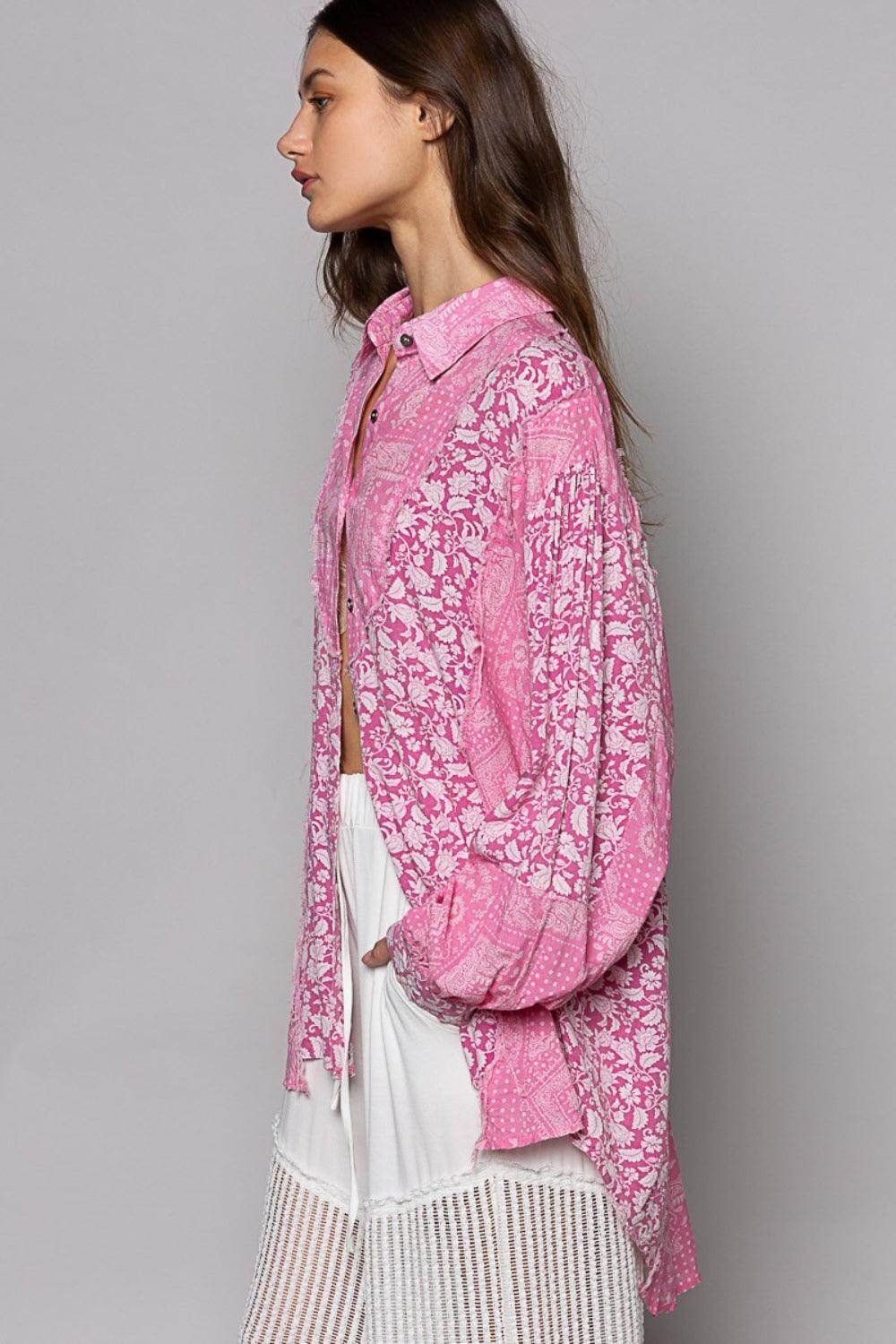 POL Button Down Long Sleeve Paisley Print Shirt for Women - Selvanelle